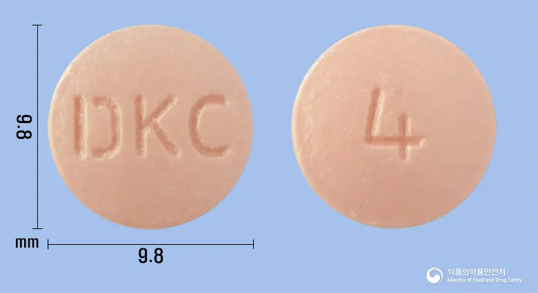 오메톤에스정40mg(에스오메프라졸마그네슘이수화물) 앞뒤 사진 (분홍색 원형, 각인 DKC / 4)