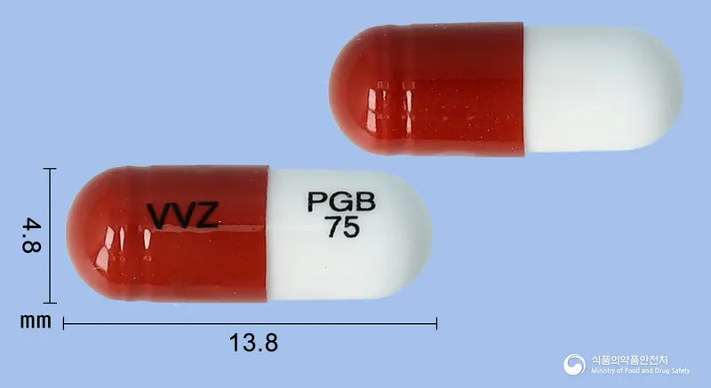 프가바린캡슐75밀리그램(프레가발린) 앞뒤 사진 (갈색 캡슐, 각인 VVZ PGB 75)