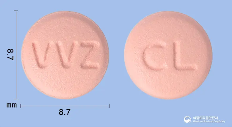 비보존클로피도그렐정75mg(클로피도그렐황산수소염) 앞뒤 사진 (분홍색 원형, 각인 VVZ / CL)