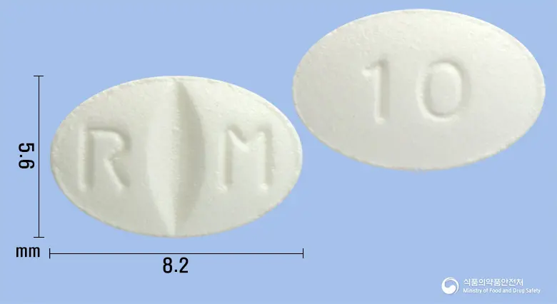 렉사멜정10mg(에스시탈로프람옥살산염) 앞뒤 사진 (흰색 타원형, 각인 R M / 10)