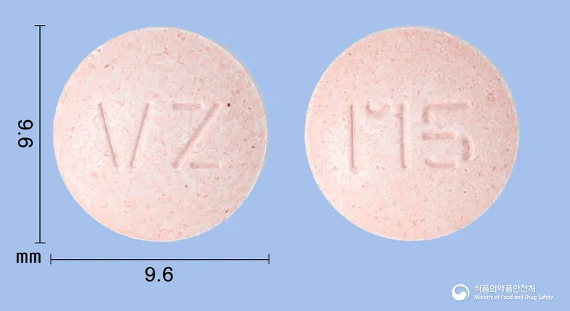 비보존몬테루카스트츄정5mg(몬테루카스트나트륨) 앞뒤 사진 (분홍색 원형, 각인 VZ / M5)