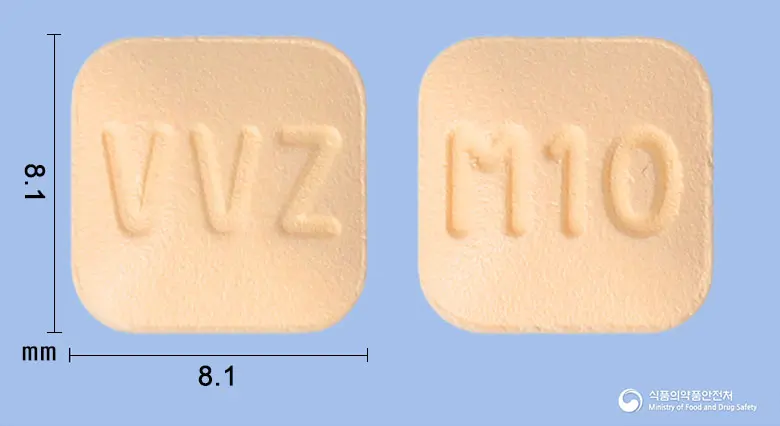 비보존몬테루카스트정10mg(몬테루카스트나트륨) 앞뒤 사진 (분홍색 사각형, 각인 VVZ / M10)