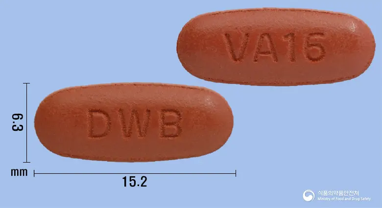 디오브이플러스정160/12.5mg 앞뒤 사진 (빨간색 타원형, 각인 DWB / VA16)