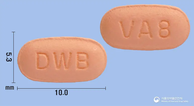 디오브이플러스정80/12.5mg 앞뒤 사진 (분홍색 타원형, 각인 DWB / VA8)