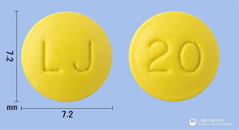 보리라베정20mg(라베프라졸나트륨) 앞뒤 사진 (노란색 원형, 각인 LJ / 20)
