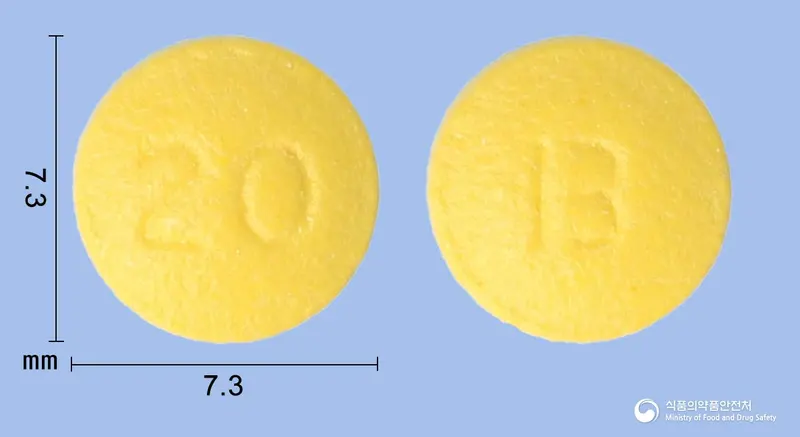 라베리튼정20mg(라베프라졸나트륨) 앞뒤 사진 (노란색 원형, 각인 20 / B)
