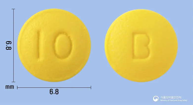 벨프란정10mg(라베프라졸나트륨) 앞뒤 사진 (노란색 원형, 각인 10 / B)