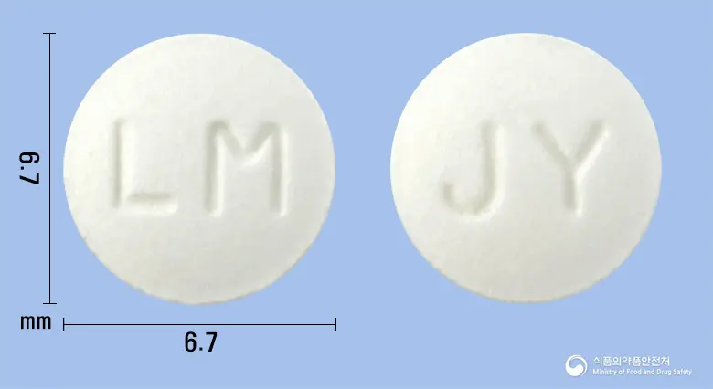 리마틴정(리마프로스트알파덱스) 앞뒤 사진 (흰색 원형, 각인 LM / JY)