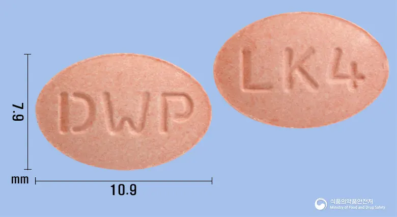싱규루카츄정4mg(몬테루카스트나트륨) 앞뒤 사진 (분홍색 타원형, 각인 DWP / LK4)