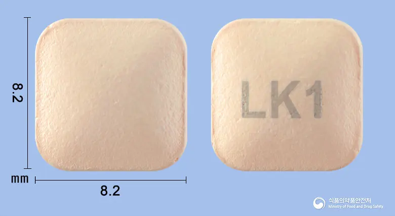 싱규루카정10mg(몬테루카스트나트륨) 앞뒤 사진 (분홍색 사각형, 각인 LK1)