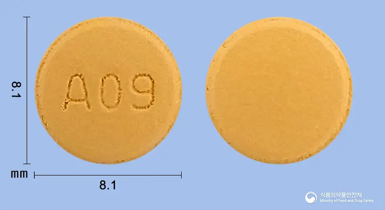 인포스지정5/80mg 앞뒤 사진 (주황색 원형, 각인 A09)