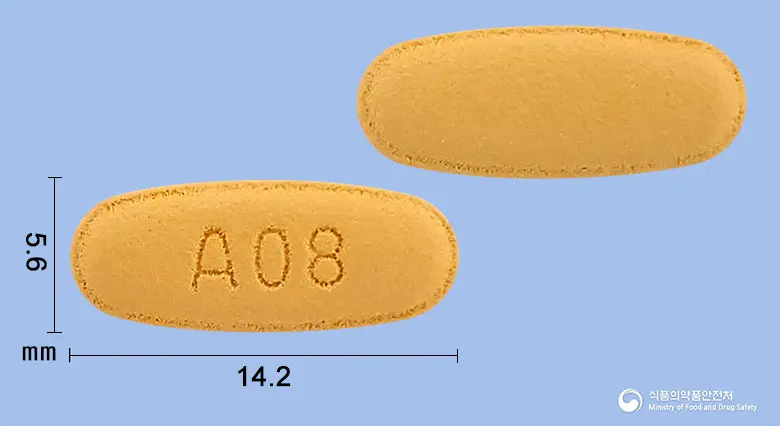 인포스지정5/160mg 앞뒤 사진 (노란색 타원형, 각인 A08)