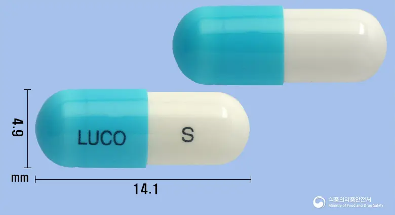 루코에스캡슐(플루코나졸) 앞뒤 사진 (파란색 캡슐, 각인 LUCO S)