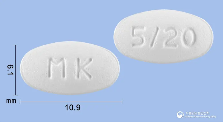 아토암로정5mg/20mg 앞뒤 사진 (흰색 타원형, 각인 MK / 5/20)