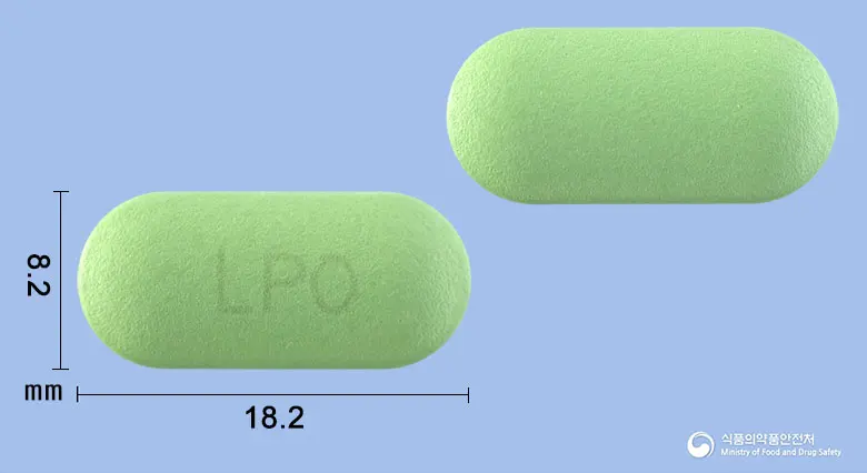 알파리포에이치알정600mg(티옥트산) 앞뒤 사진 (연두색 장방형, 각인 LPO)