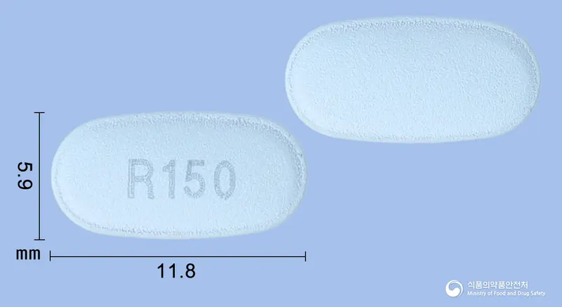 리세즈정150mg(리세드론산나트륨일수화물) 앞뒤 사진 (파란색 타원형, 각인 R150)