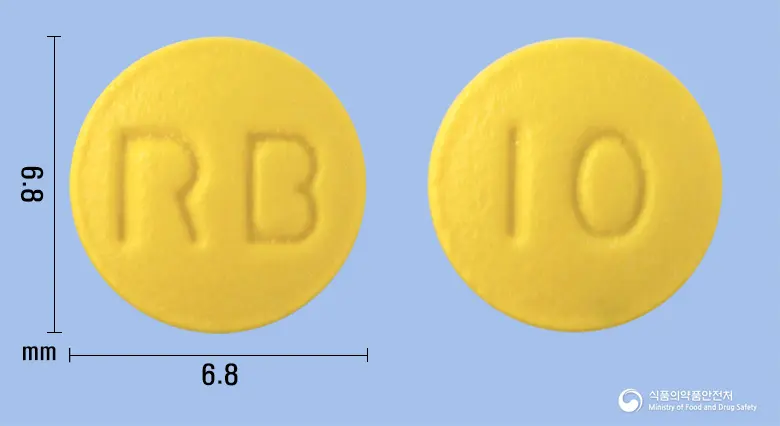 라베라즈정10mg(라베프라졸나트륨) 앞뒤 사진 (노란색 원형, 각인 RB / 10)