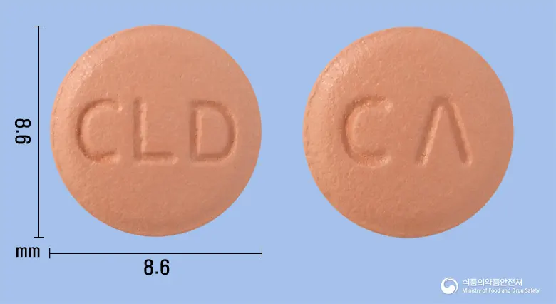 클로도렐정75mg(클로피도그렐황산염) 앞뒤 사진 (분홍색 원형, 각인 CLD / CΛ)