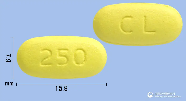 클라오정250mg(클래리트로마이신) 앞뒤 사진 (노란색 타원형, 각인 250 / CL)