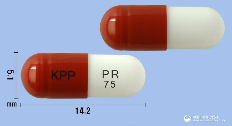 프린캡슐75밀리그램(프레가발린) 앞뒤 사진 (갈색 캡슐, 각인 KPP PR 75)