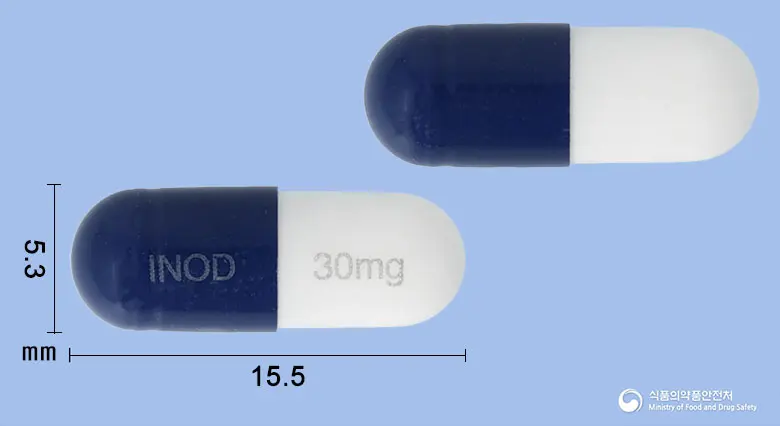 듀록타캡슐30밀리그램(둘록세틴염산염) 앞뒤 사진 (파란색 캡슐, 각인 INOD 30mg)
