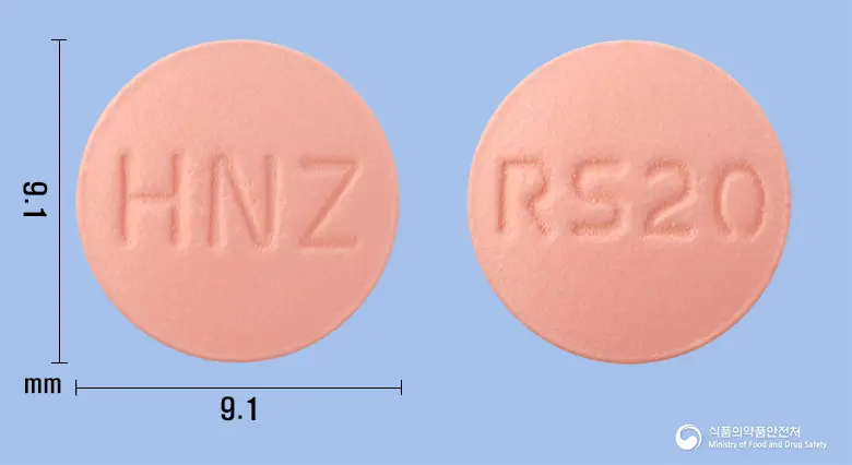 크레로스정20mg(로수바스타틴칼슘) 앞뒤 사진 (분홍색 원형, 각인 HNZ / RS20)