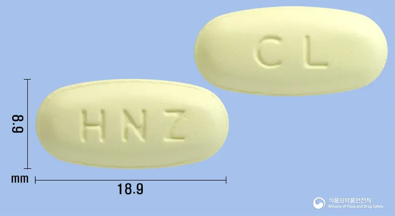 클래니즈정500mg(클래리트로마이신) 앞뒤 사진 (연두색 타원형, 각인 HNZ / CL)