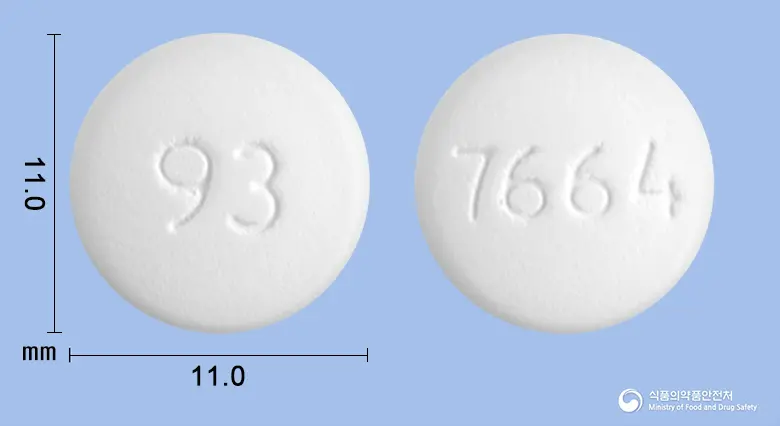 테바엘로티닙정150mg(엘로티닙염산염) 앞뒤 사진 (흰색 원형, 각인 93 / 7664)