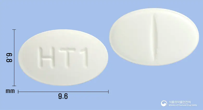 미니모프레신정0.1mg(데스모프레신아세트산염) 앞뒤 사진 (흰색 타원형, 각인 HT1)