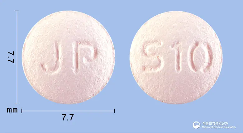 솔토니신정10mg(솔리페나신숙신산염) 앞뒤 사진 (분홍색 원형, 각인 JP / S10)