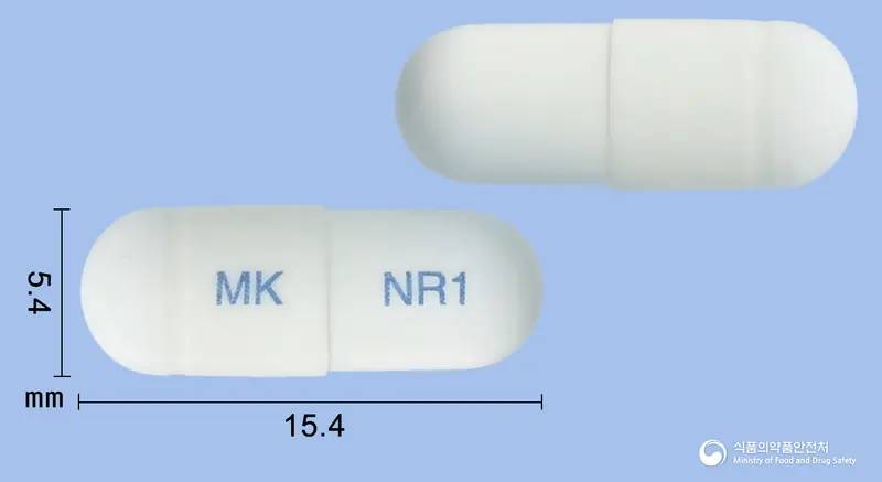 뉴로닌캡슐100밀리그램(가바펜틴) 앞뒤 사진 (흰색 캡슐, 각인 MK NR1)