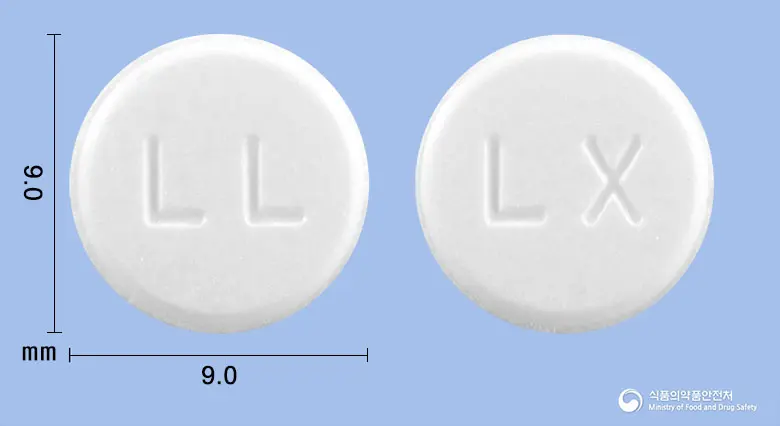 록소프정(록소프로펜나트륨수화물) 앞뒤 사진 (흰색 원형, 각인 LL / LX)
