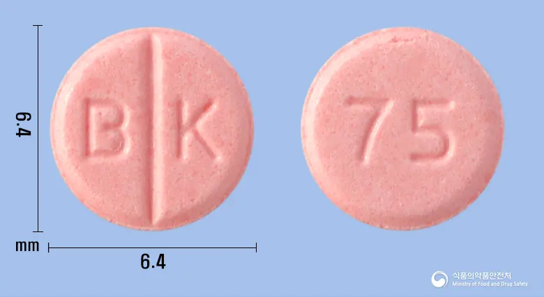 씬지로이드정0.075밀리그램(레보티록신나트륨수화물) 앞뒤 사진 (분홍색 원형, 각인 B K / 75)