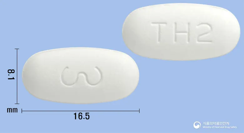 미르토플러스정80/12.5mg 앞뒤 사진 (흰색 타원형, 각인 TH2)