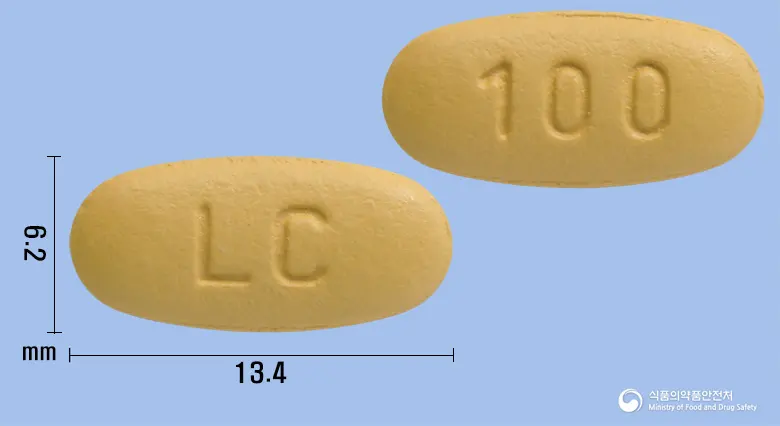 라코정100밀리그램(라코사미드) 앞뒤 사진 (갈색 타원형, 각인 LC / 100)