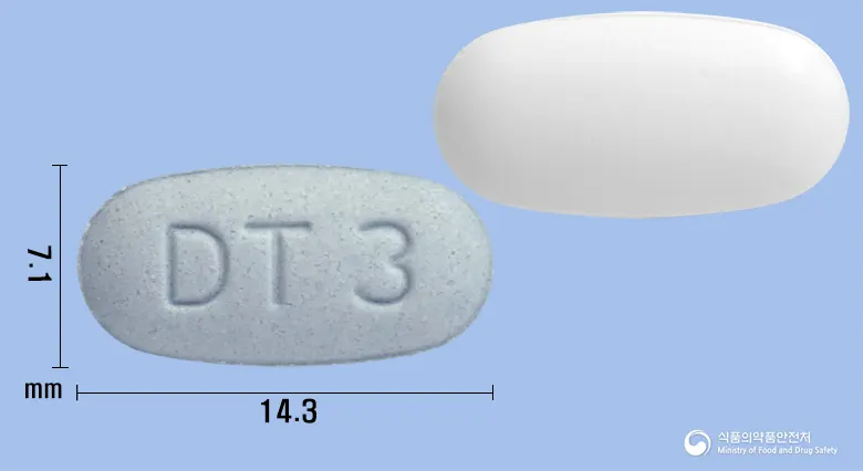 듀얼살탄정40/10mg 앞뒤 사진 (파란색 타원형, 각인 DT3)