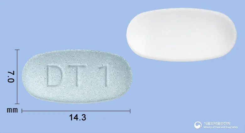 듀얼살탄정40/5mg 앞뒤 사진 (파란색 타원형, 각인 DT1)