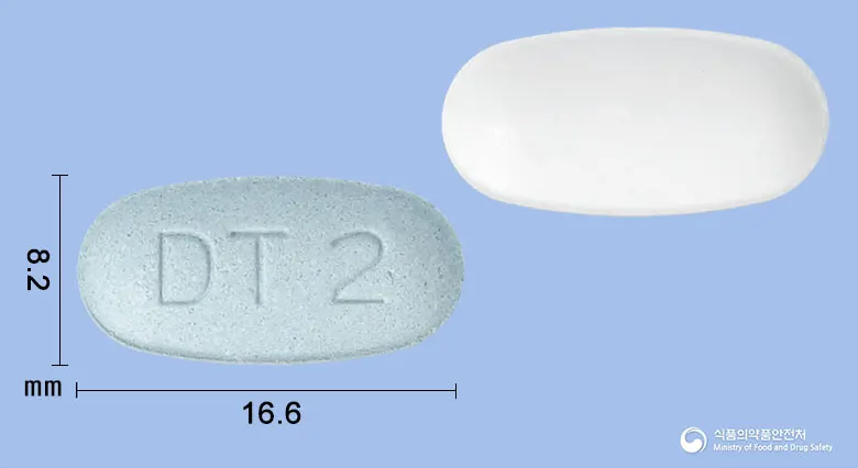 듀얼살탄정80/5mg 앞뒤 사진 (파란색 타원형, 각인 DT2)