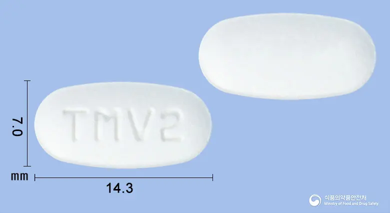 텔미노바정40/10mg 앞뒤 사진 (흰색 타원형, 각인 TMV2)