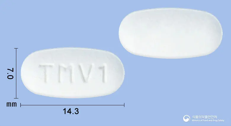 텔미노바정40/5mg 앞뒤 사진 (흰색 타원형, 각인 TMV1)