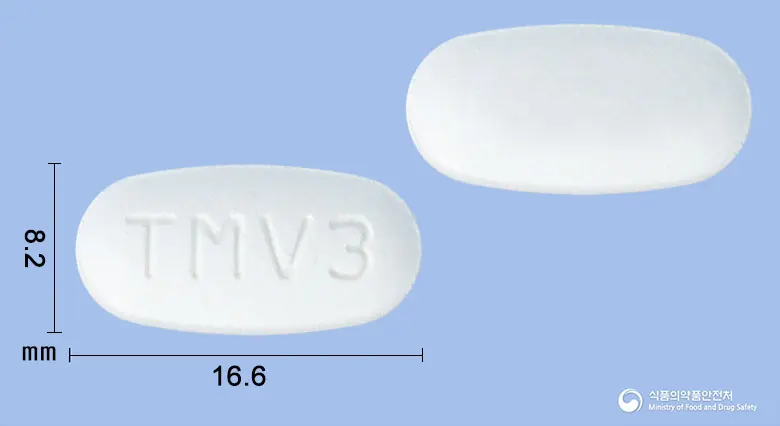 텔미노바정80/5mg 앞뒤 사진 (흰색 타원형, 각인 TMV3)