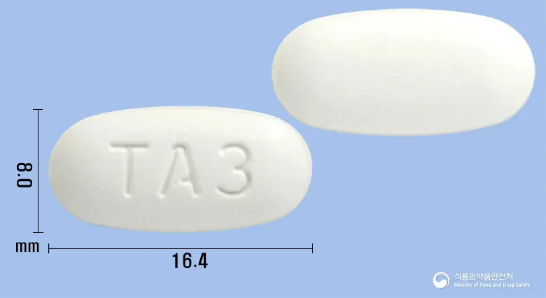 텔미암정80/5mg 앞뒤 사진 (흰색 타원형, 각인 TA3)