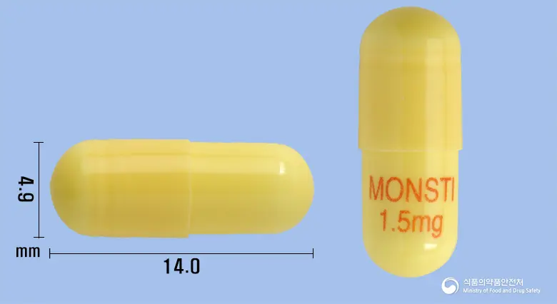 몬스티캡슐1.5mg(리바스티그민타르타르산염) 앞뒤 사진 (노란색 캡슐, 각인 MONSTI1.5mg)