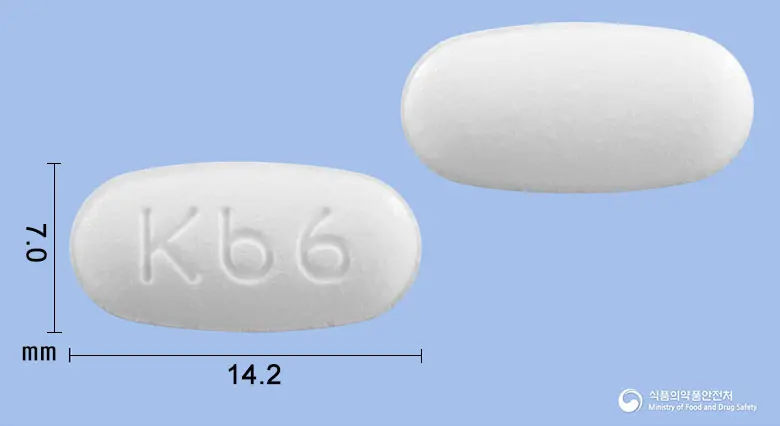 텔미로핀정40/10mg 앞뒤 사진 (흰색 타원형, 각인 Kb6)