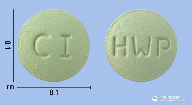 시나파라정25mg(시나칼세트염산염) 앞뒤 사진 (연두색 원형, 각인 CI / HWP)