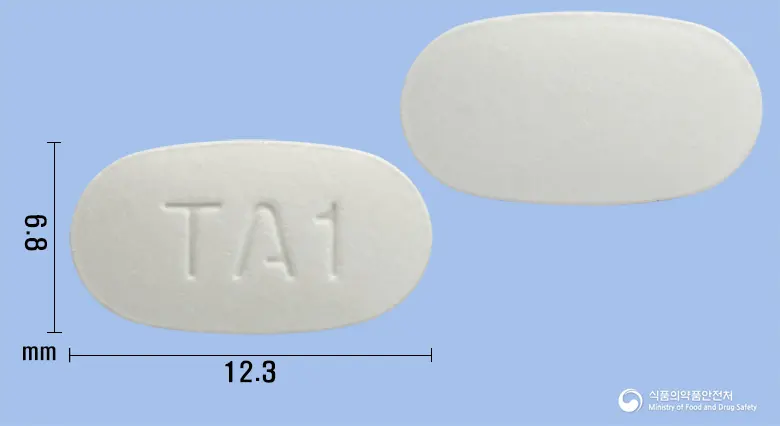 텔미암정40/5mg 앞뒤 사진 (흰색 타원형, 각인 TA1)