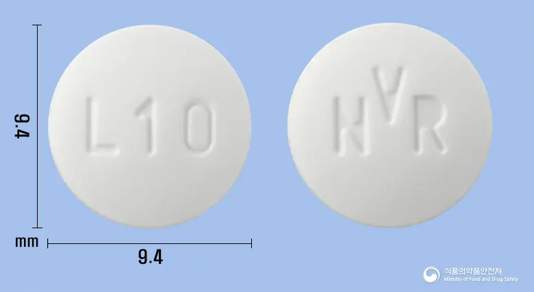 자카비정10밀리그램(룩소리티닙인산염) 앞뒤 사진 (흰색 원형, 각인 L10 / NVR)