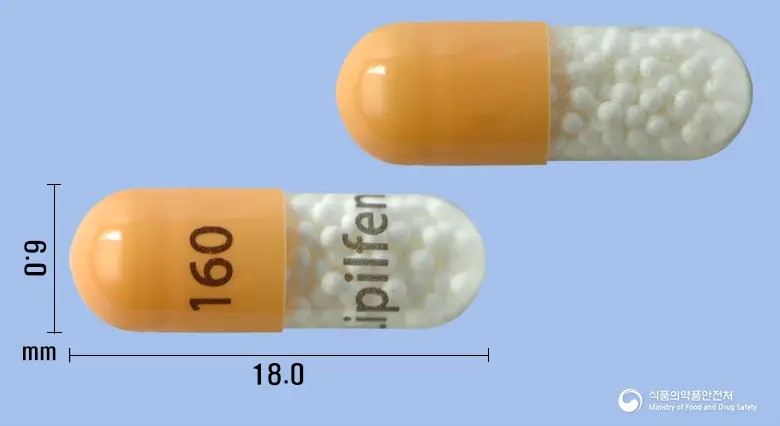 리필펜캡슐160밀리그램(미세화페노피브레이트) 앞뒤 사진 (주황색 캡슐, 각인 160Lipilfen)