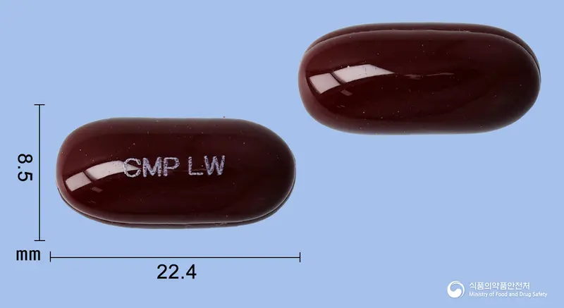 가네맥스연질캡슐(밀크시슬열매건조엑스) 앞뒤 사진 (갈색 캡슐, 각인 CMP LW)