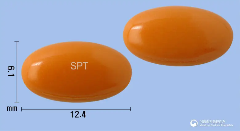 썬팩타민연질캡슐 앞뒤 사진 (주황색 캡슐, 각인 SPT)